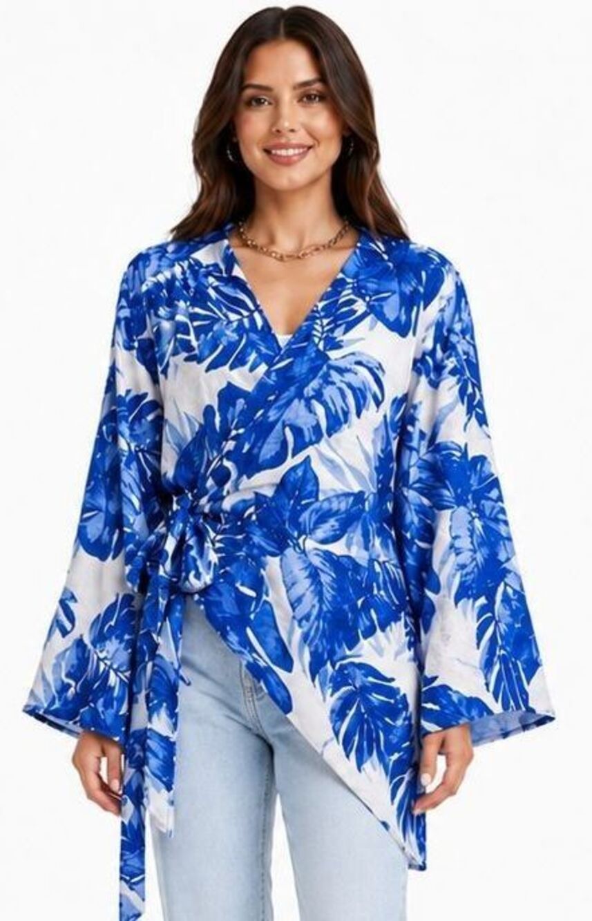 New GIGIO S 4 6 Blue White Tropical Leaves Collared Wrap Long Tunic Top Cruise